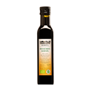 Bio Kürbiskernöl aus dem Weinviertel in Glasflasche, dunkelgrün und kaltgepresst