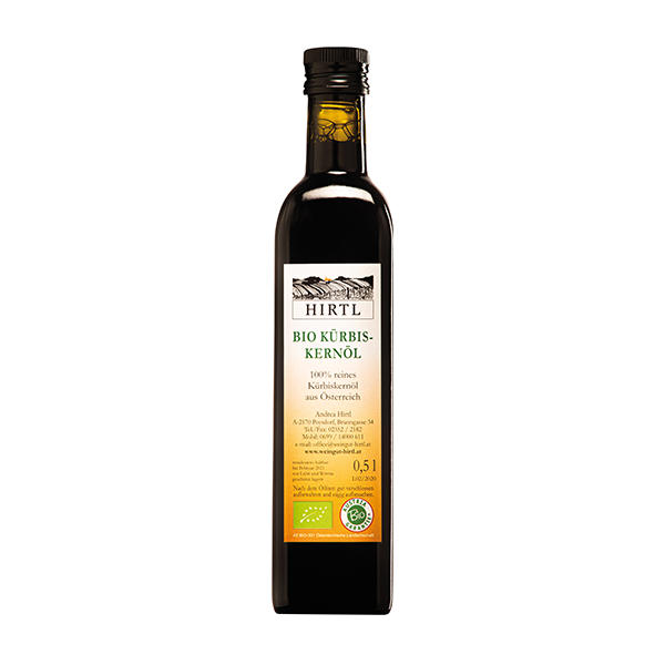 Bio Kürbiskernöl aus der Steiermark in Glasflasche, dunkelgrün und kaltgepresst